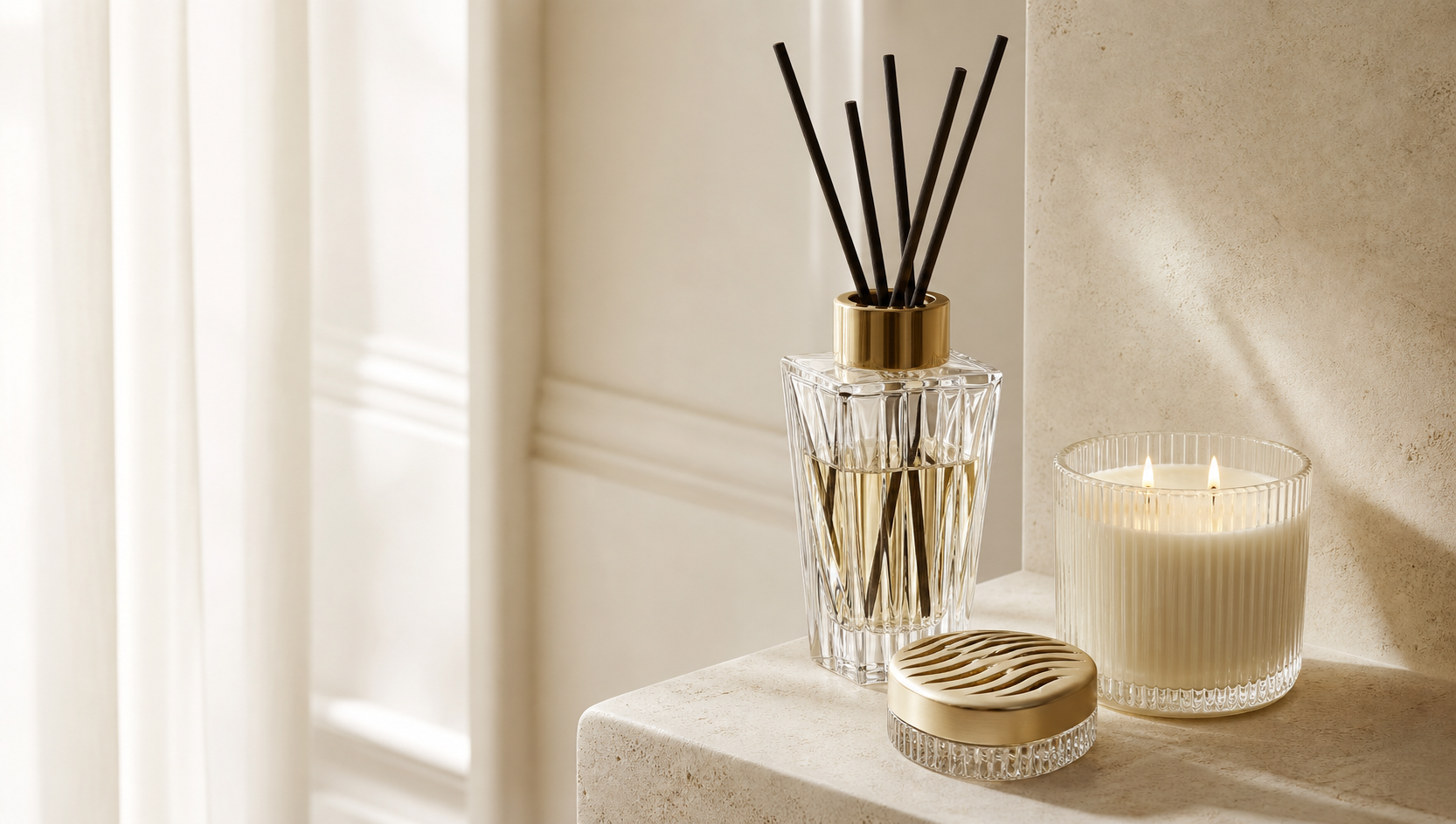Crystal reed diffuser, scented candle, and smart fragrance object
