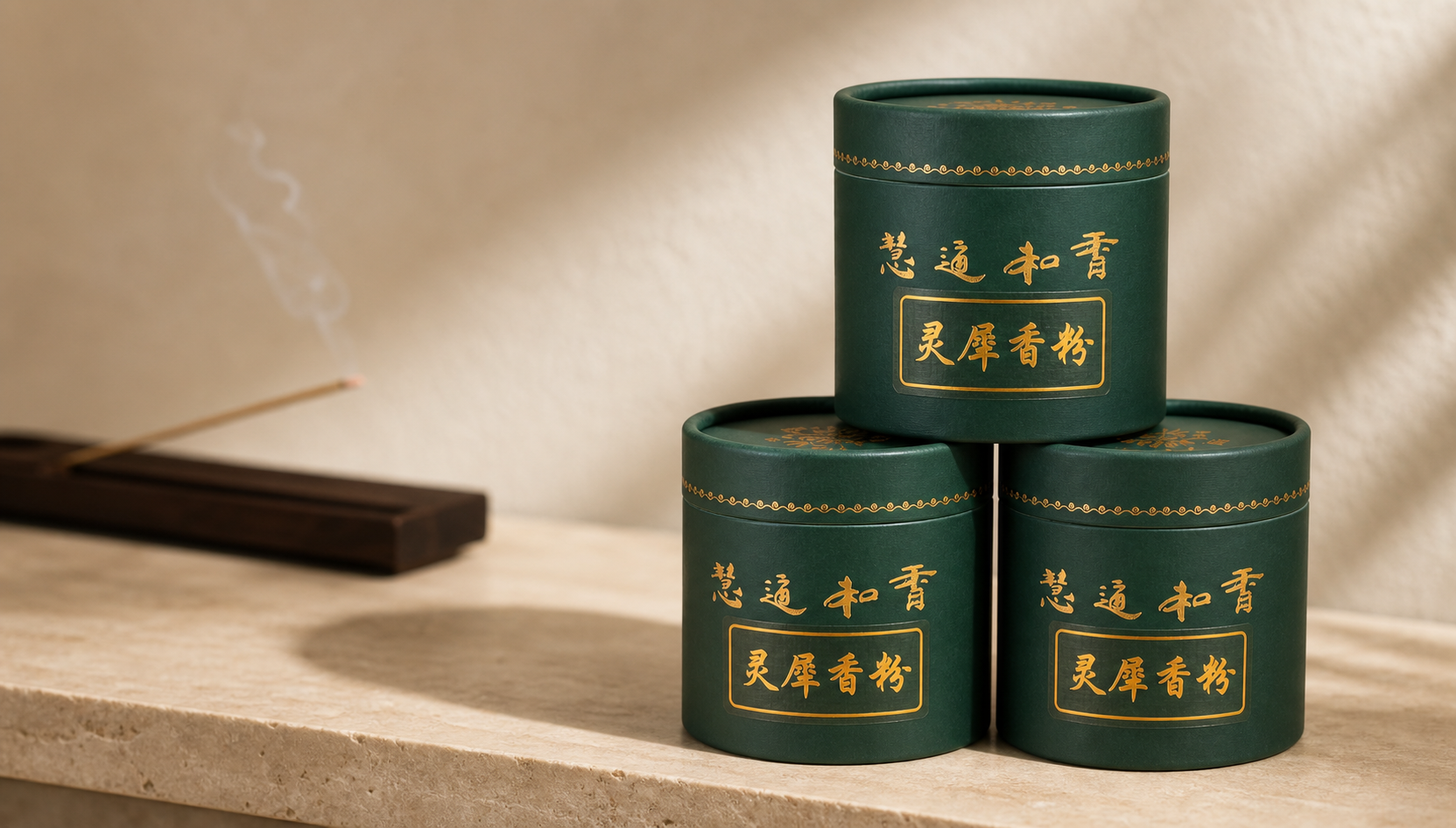 Forest-green fine incense vessels arranged on warm stone